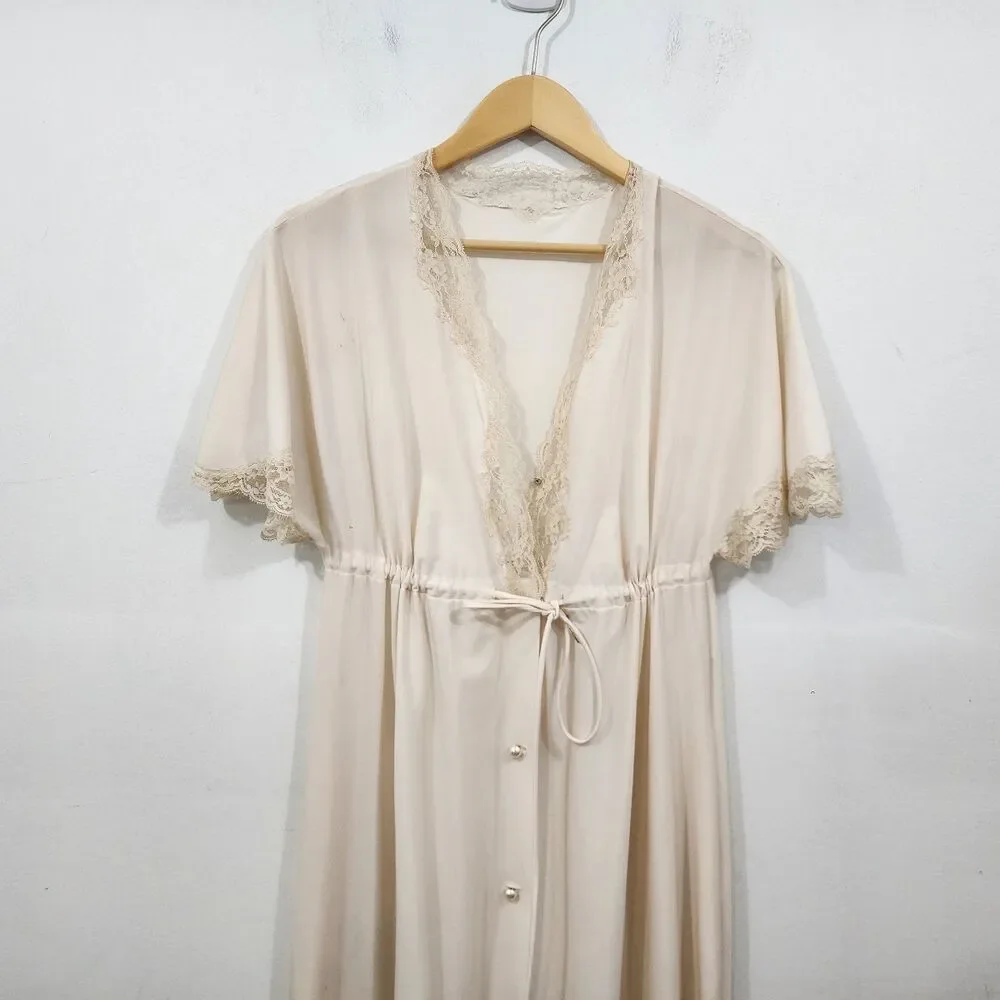 Vintage Shadowline Ivory Nylon Lace Button Front Robe Tie Waist Flare Sleeve SML